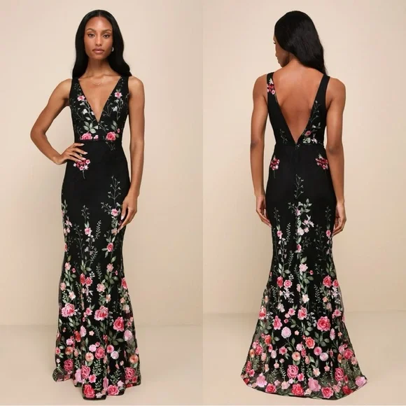green emerald velvet dress Wedtrend Women Black Flower Prom Dress Mermaid Spaghetti Straps Embroidered Evening Dress with Side Slit, Black Flower / US20W